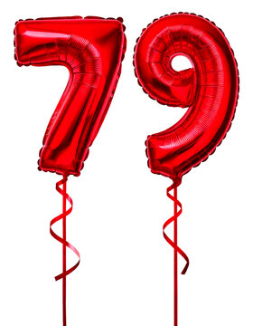 数字の79の形の赤色の風船とリボン（Number 79 red foil balloon on white background）
