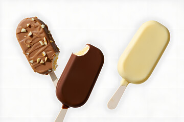 Obraz premium Three ice cream bars isolated on white background, offering a variety of flavors and textures for a refreshing and sweet treat