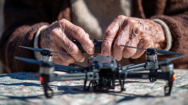 Elderly hands holding a modern drone controller on an outdoor table, symbolizing technology, aging, hobbies, activity, new experiences and intergenerational connection