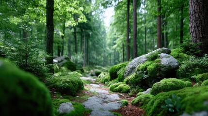 Fototapeta premium Lush Green Moss Covered Forest Floor with Sunlight Streaming Through Tall Trees