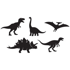 Set of dinosaur silhouettes including T-Rex, Brachiosaurus, Pterodactyl, Stegosaurus, and Velociraptor isolated on white background