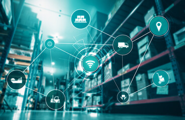 Smart warehouse management system with innovative internet of things technology to identify package picking and delivery . Future concept of supply chain and logistic network business .
