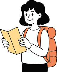 Vector art of a young woman with black hair is exploring a new place, holding a map and wearing a backpack, the illustration is simple and cute, perfect for travel and adventure themes