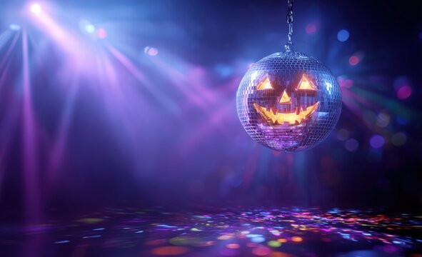 halloween disco ball with an illuminated jack-o'-lantern face on a dark background with colorful lights and rays of light, a halloween party concept with copy space Generative AI
