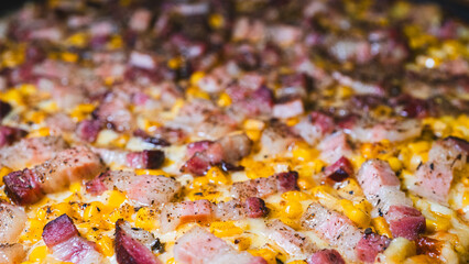 Delicious gourmet pizza with crispy bacon, sweet corn, and mozzarella cheese. Brazilian-style, perfect for food blogs and menus.