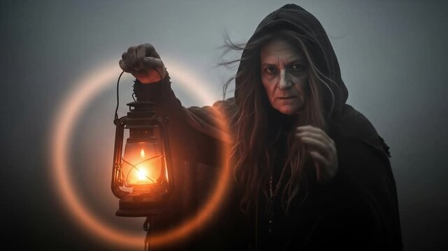 A witch with a lantern in a foggy setting wearing a black cloak