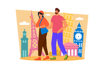 Flat Design Couple Touring Europe with Landmark Silhouettes Against Transparent Background in Cartoon Style Illustration