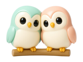 Obraz premium An adorable pair of cute, pastel mint green and pink lovebird owls perched together on a branch, a charming 3D cartoon, Isolated on Transparent and White Background