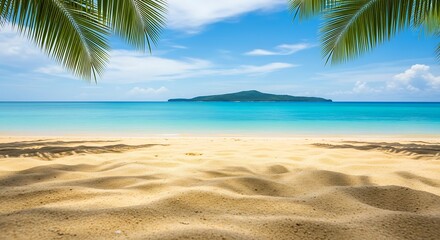 Fototapeta premium Tropical paradise beach with palm leaves, golden sand, and an island