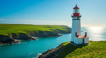 Iconic white lighthouse guides ships along rugged coastline with vibrant turquoise ocean under clear blue sky