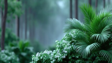 Lush Green Palm Leaves with Forest Trees in Misty Ambiance