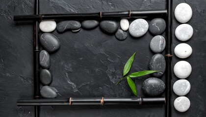 Zen stones framed by bamboo on dark stone