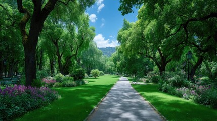 Lush Green Park Lawn with Bright Sunlight and Paved Pathway through Trees Leading to Distant Hillside in Sunny Day with Scattered Flowers