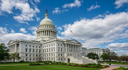 Naklejka premium Iconic United States Capitol building with grand dome and columns under a vibrant blue sky with fluffy clouds