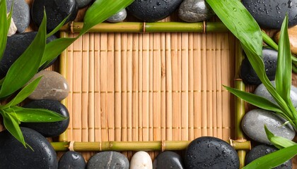 Zen-inspired bamboo mat framed by stones and leaves