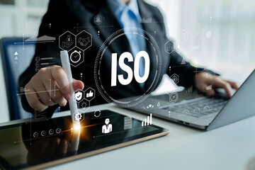 The concept of ISO certification for international quality management standards. A system for ensuring business process quality, efficiency, and compliance. Motif