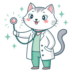Cute cat doctor holding a stethoscope and wearing a lab coat.