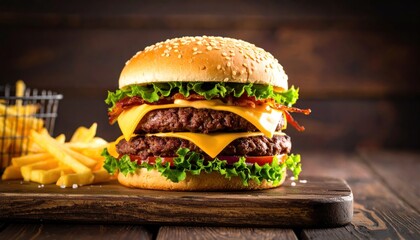 Delicious Double Cheeseburger with Fries on Wooden Board.