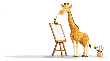 Naklejka premium A cartoon giraffe, with a happy expression, stands beside a wooden easel holding a blank canvas. Paintbrushes and a jar of paint are beside the giraffe