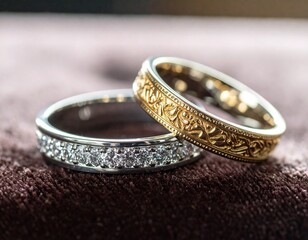 A close-up view of two exquisite wedding rings resting on a rich, textured maroon surface. 