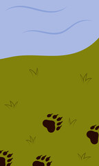 Flat vector illustration of camping outdoors. Mountains, campfire, tent, nature, camper, trees, coffee, backpack, guitar, kettle, boiler, tea, silence, calm, peace, marshmallows on fire