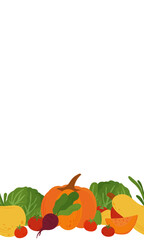Seamless frame and border of simple flat vegetables. Colorful autumn harvest of pumpkin zucchini eggplant cucumber potato tomato cabbage corn carrot for healthy and vegetarian food design