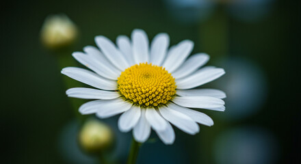 Obraz premium Delicate white daisy with vibrant yellow center blooms gracefully in soft focus garden setting