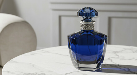 Luxurious sapphire blue perfume bottle with ornate silver accents rests on a marble surface, exuding elegance and sophistication for refined advertising