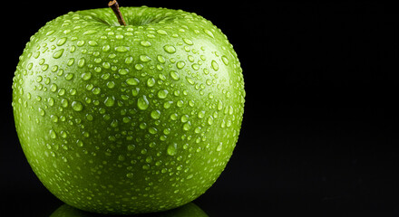 Refreshingly crisp green apple glistening with fresh water droplets against a dramatic dark background, perfect for health and wellness themes