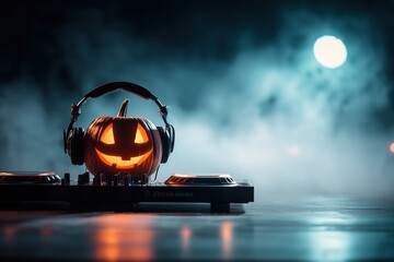 halloween pumpkin dj with headphones on the technics dj console in a dark, foggy background Generative AI