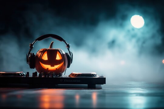 halloween pumpkin dj with headphones on the technics dj console in a dark, foggy background Generative AI