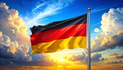 German flag waving in dramatic sunset sky