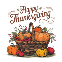 Happy thanksgiving woven basket with pumpkins and apples isolated on white background