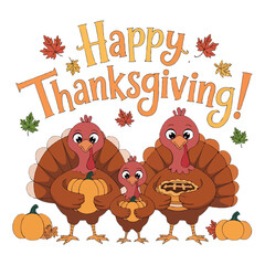 Happy thanksgiving cartoon turkeys and pumpkins isolated on white background
