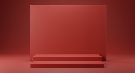 Obraz premium Red Platform Stage with Steps in Minimalist Studio Setting for Product Display