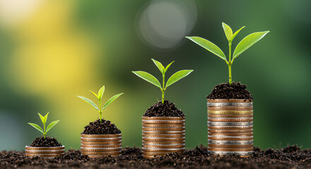 Growing Plant Sprouts on Stacked Coins Representing Financial Growth and Investment