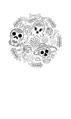 Dia de los Muertos.Postcard for traditional Mexican holiday dedicated to the memory of the dead. Skull, flowers, bones, guitar, border, frame, postcard
