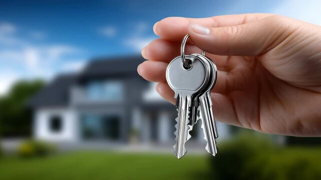 Holding house keys in front of new home ready for moving in