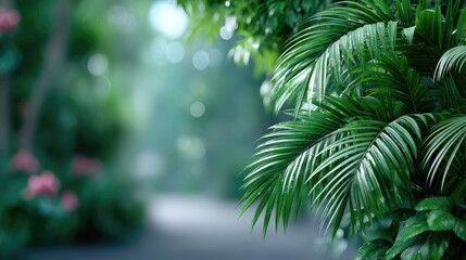 Lush Green Tropical Palm Fronds with Bokeh Sunlight in a Serene Garden Setting