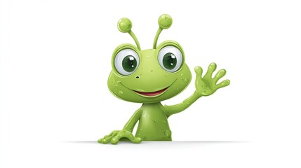 A cheerful, green, cartoon alien with large eyes and antennae waves from behind a white sign.  It has a friendly, almost frog-like appearance