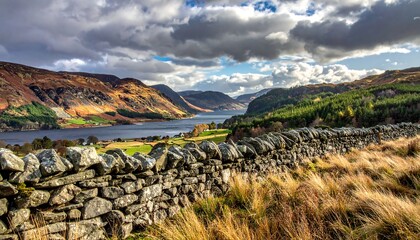 Scenic lake vista with stone wall