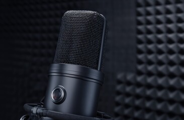 Professional condenser microphone standing in a dark soundproof recording studio, capturing audio for podcasts and broadcasts