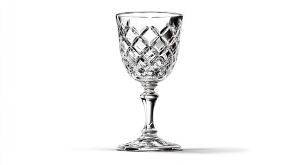 A clear, intricately-cut crystal wine glass stands on a white background. The glass reflects light beautifully