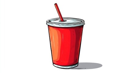 A vibrant red beverage cup with a white lid and a red straw, casting a shadow. Illustration style
