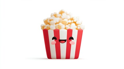 A smiling cartoon popcorn bucket overflowing with fluffy, golden kernels, against a clean white background