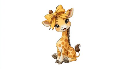 Cute cartoon giraffe with yellow bow