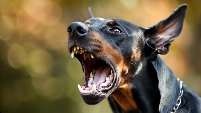 Aggressive Doberman barks outdoors, blurred background, security