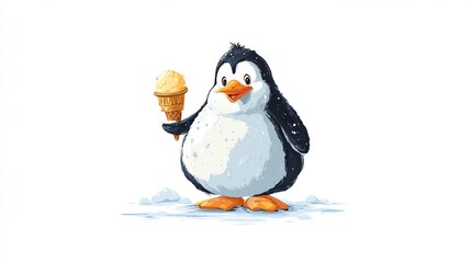 An animated penguin with a cheerful expression holds a melting ice cream cone, standing on a snowy ground