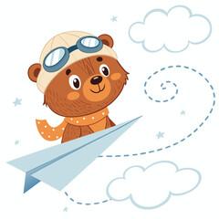 A cute cartoon bear flies on a paper airplane through the clouds. © minimal