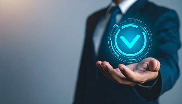 Businessman hand touching holographic check mark icon for innovation and success in corporate future